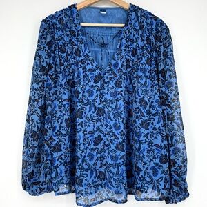 Old Navy Blue Floral‎ Chiffon Long Sleeve Blouse Top Size M